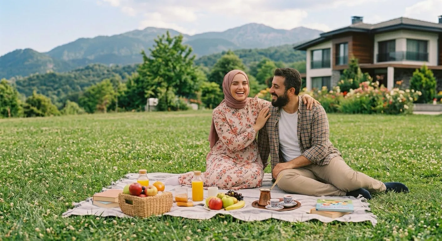 Kırda piknik yapan mutlu bir çift